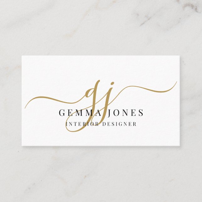 Elegant Gold Script Monogram Interior Designer Business Card (Front)
