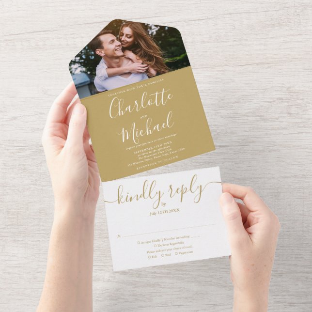 Elegant Gold Script Monogram Photo Wedding All In One Invitation (Tearaway)