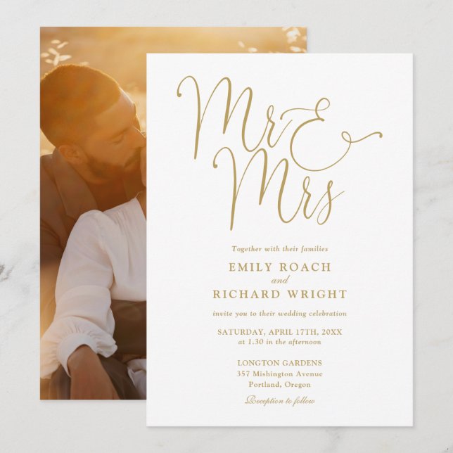 Elegant Gold Script Mr And Mrs Photo Wedding Invitation (Front/Back)