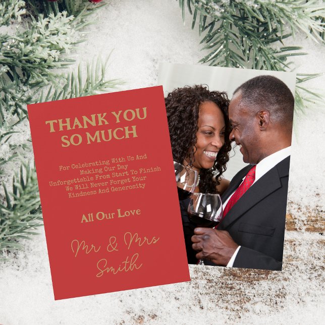 Elegant Gold Script Mr & Mrs Wedding Photo Red Thank You Card (Front And Back)