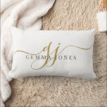 Elegant Gold Script Name Monogram Lumbar Cushion<br><div class="desc">A stylish gold script monogram throw pillow featuring a flowing signature style initial paired with a clean name layout. The simple gold lettering creates a polished look while keeping the design minimal and easy to read. A nice way to add a personal touch to a sofa, chair, or bed while...</div>