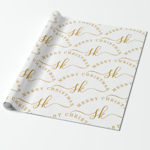 Elegant Gold Script Name Monogram Merry Christmas Wrapping Paper