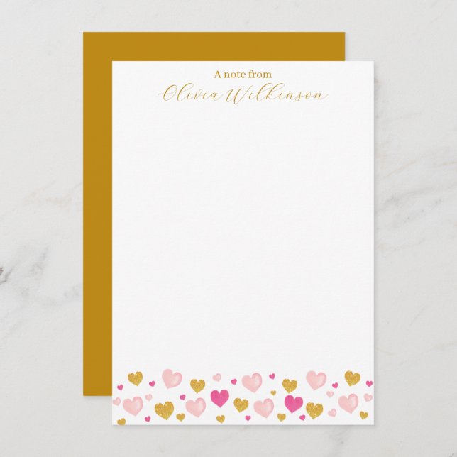 Elegant Gold Script Name| Watercolor Hearts Card (Front/Back)