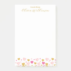 Elegant Gold Script Name  Watercolor Hearts Post-it Notes