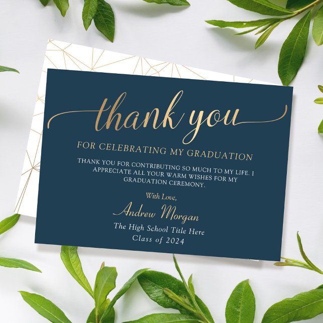 Elegant Gold Script Navy Blue Graduation Thank You Card (Creator Uploaded)