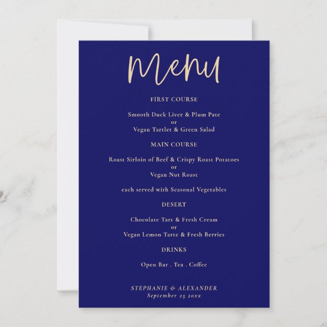 Elegant Gold Script Navy Blue Wedding Menu Invitation (Front)