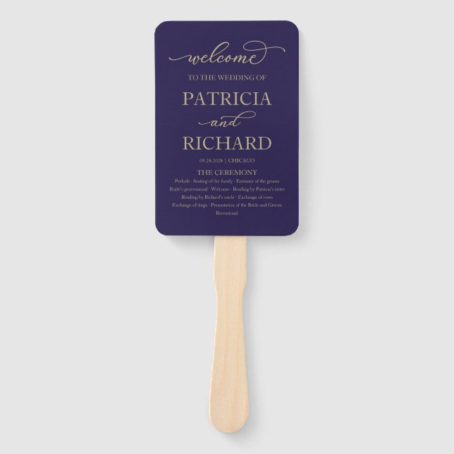 Elegant Gold Script Navy Blue Wedding Program Hand Fan (Front)