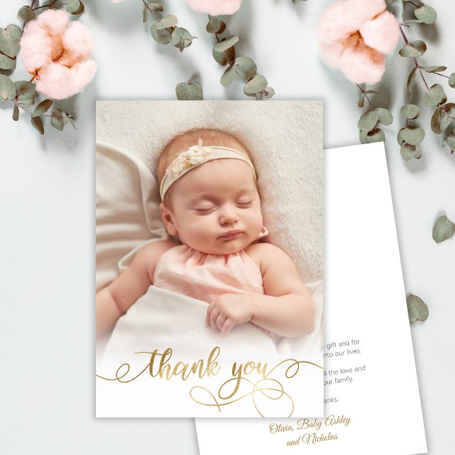 Elegant Gold Script Newborn Baby Photo Thank You (Creator Uploaded)