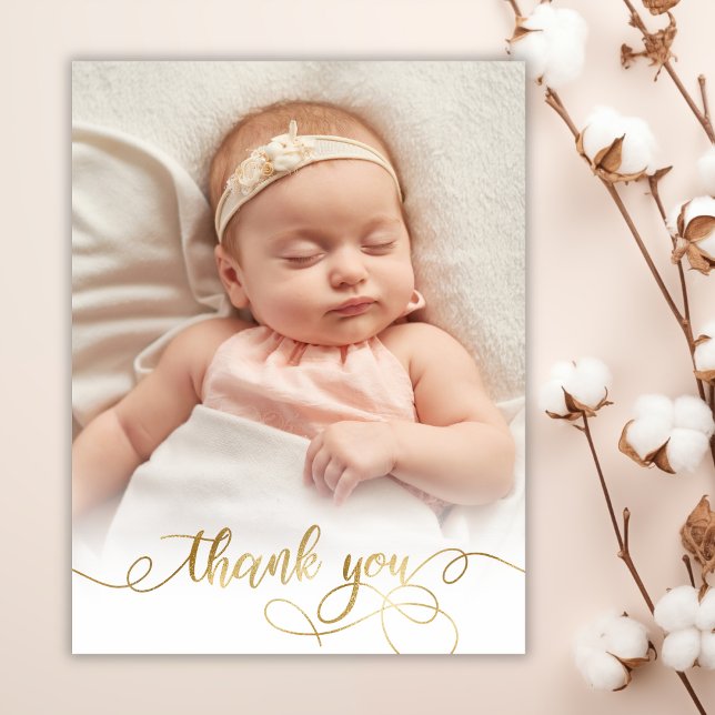 Elegant Gold Script Newborn Baby Photo Thank You  Postcard (Creator Uploaded)