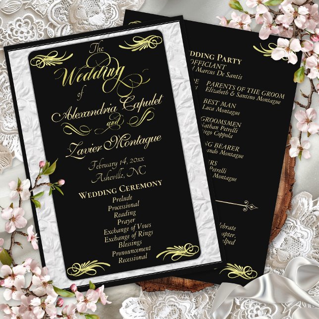 Elegant Gold Script on Black Wedding Ceremony Program (Creator Uploaded)