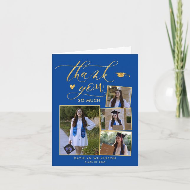 Elegant Gold Script on Blue 4 Photo Graduation Thank You Card (Front)
