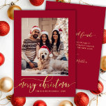 Elegant Gold Script One Photo Red Christmas  Holiday Card<br><div class="desc">Modern Elegant Script Red and Gold One Photo Merry Christmas Holiday Card. This festive holiday card features a stylish whimsical ‘Merry Christmas’ greeting in elegant hand-lettered calligraphy on red background. The text is displayed in a faux gold brush script with swashes, beautifully set against a rich red background. The reverse...</div>