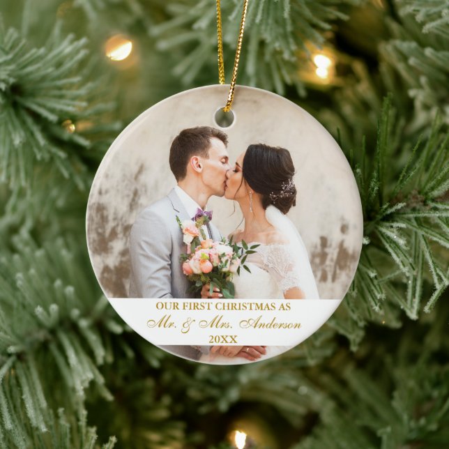 Elegant Gold Script Our First Christmas 2 Photo Ceramic Ornament (Tree)