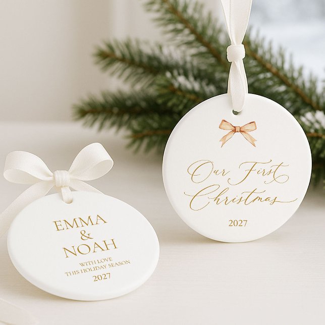 Elegant Gold Script “Our First Christmas”  Ornament (Creator Uploaded)