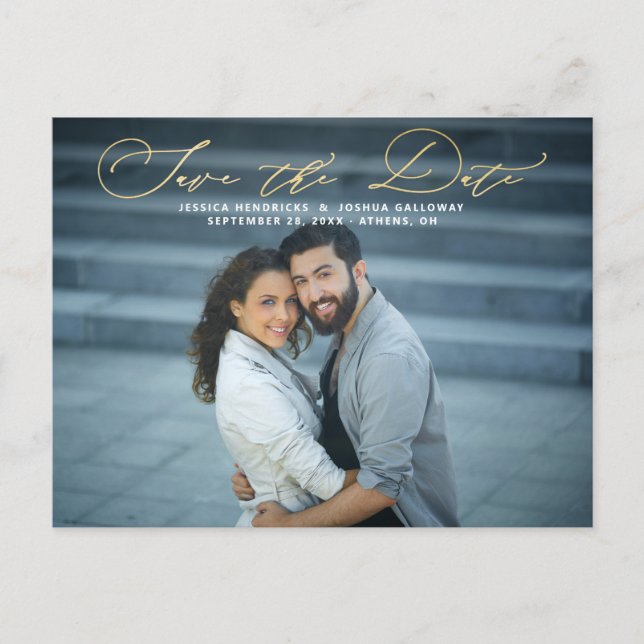 Elegant Gold Script Overlay Photo Save the Date Postcard (Front)