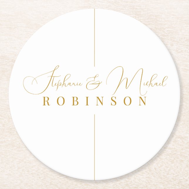 Elegant Gold Script Personalised Monogram Wedding Round Paper Coaster (Front)