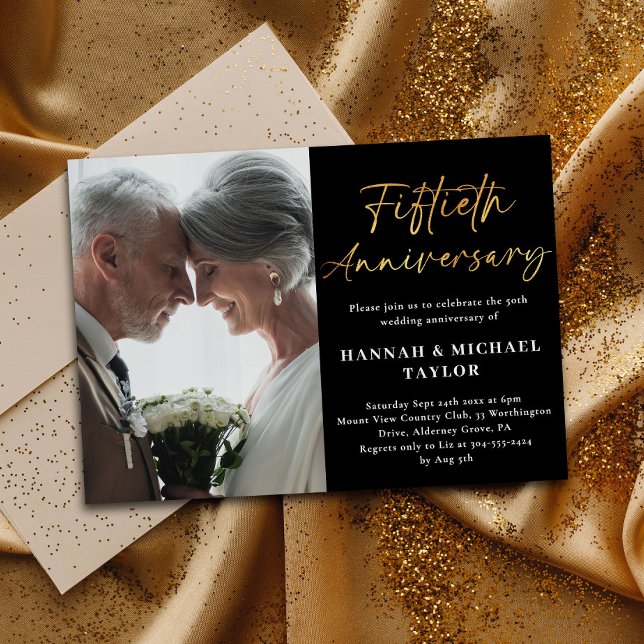 Elegant Gold Script Photo 50th Wedding Anniversary Invitation (Creator Uploaded)