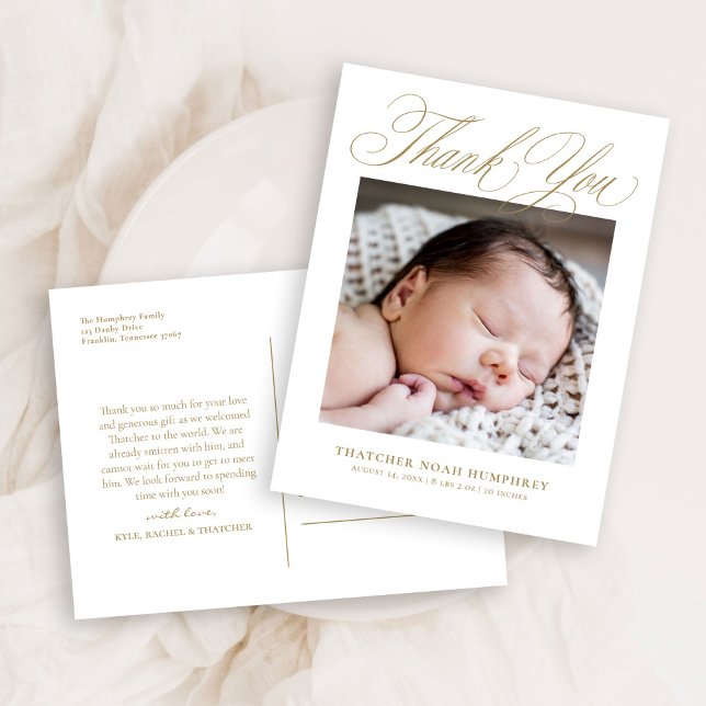 Elegant Gold Script Photo Baby Thank You  Postcard (Creator Uploaded)