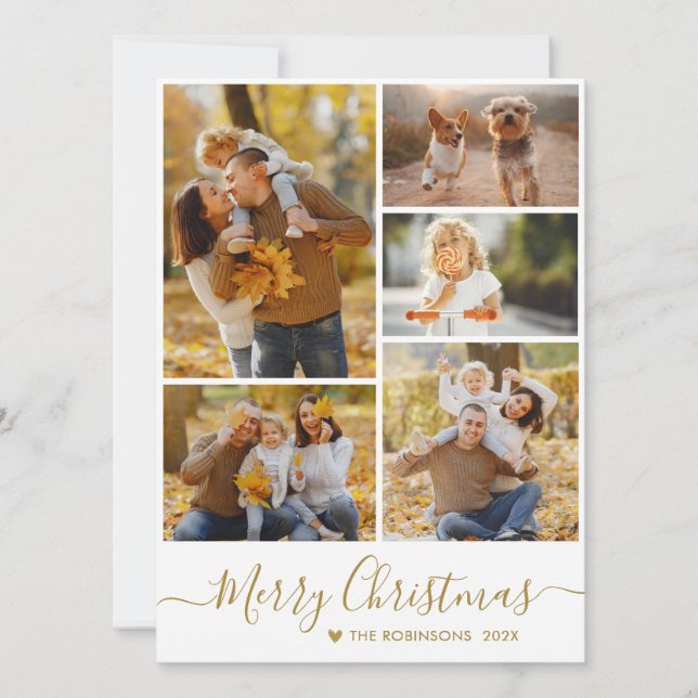 Elegant Gold Script Photo Collage Christmas Holiday Card (Front)
