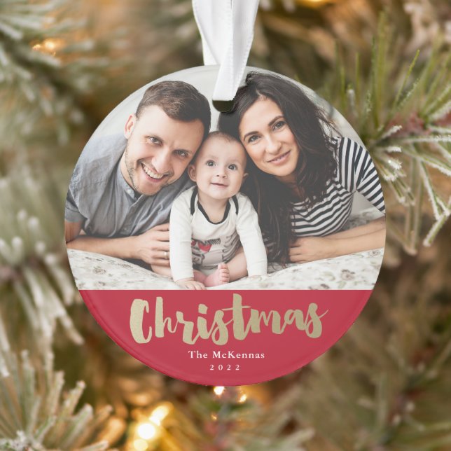 Elegant Gold Script photo family holiday Christmas Ornament (Tree)