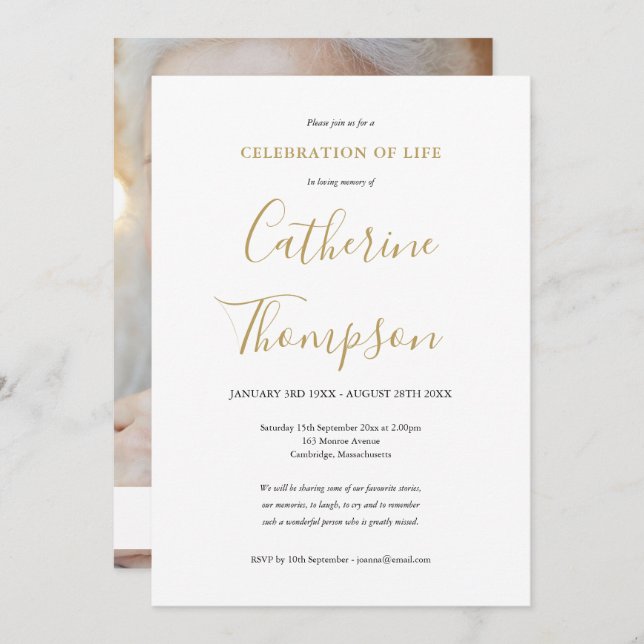 Elegant Gold Script Photo Funeral Invitation (Front/Back)
