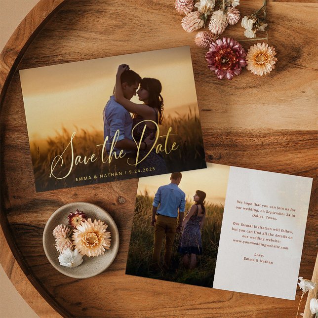 Elegant Gold Script | Photo Overlay Save the Date (An elegant, real gold foil save the date photo card)