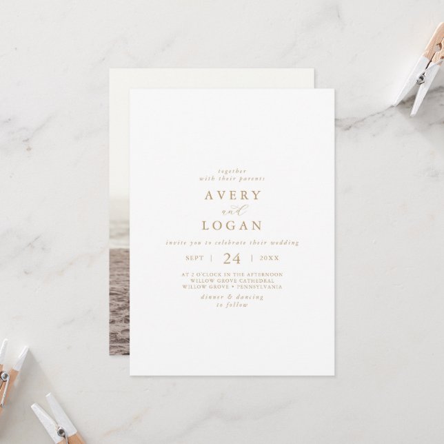 Elegant Gold Script Photo Wedding Invitation (Front/Back In Situ)