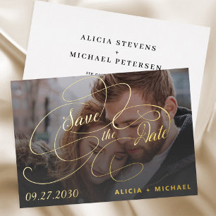 Elegant gold script photo wedding save the date