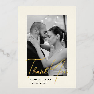 Elegant Gold Script Photo Wedding Thank You Card