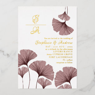 Elegant Gold Script Pink Leaf Wedding Invitation