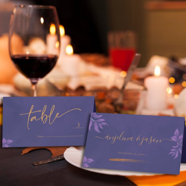 Elegant Gold Script Purple Eucalyptus Wedding Place Card (Creator Uploaded)
