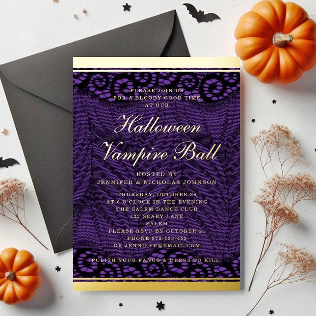 Elegant Gold Script Purple Lace Vampire Halloween (Elegant Gold Script Purple Lace Vampire Halloween Foil Invitation)