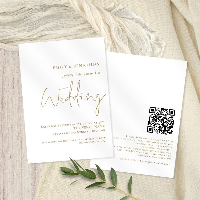 Elegant Gold Script QR Code Wedding Invitation (Front and back view. Available digitally or printed. Part of a matching wedding suite)