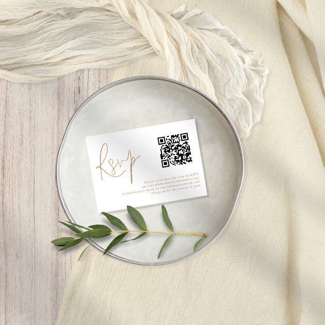 Elegant Gold Script QR Code Wedding RSVP Card (Elegant gold script and convenient QR code. Available digitally or printed.)