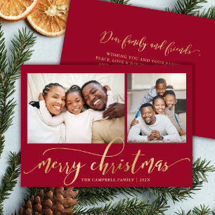 Elegant Gold Script Red 2 Photo Collage Christmas Holiday Card