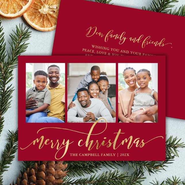 Elegant Gold Script Red 3 Photo Collage Christmas Holiday Card (Creator Uploaded)