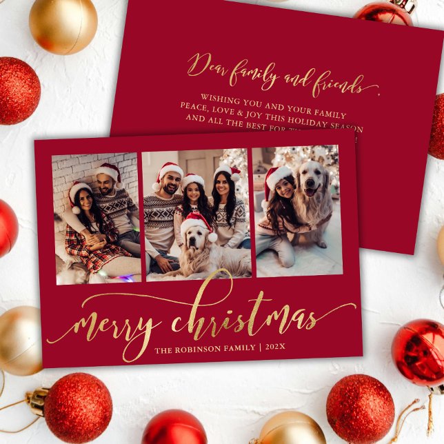 Elegant Gold Script Red 3 Photo Collage Christmas Holiday Card (Creator Uploaded)