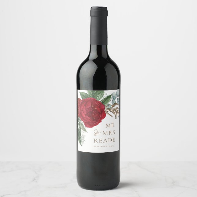 Elegant Gold Script Red Floral Mr & Mrs Wine Label (Front)