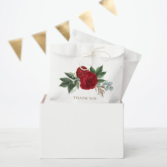 Elegant Gold Script Red Floral Thank You Favour Bag (Creator Uploaded)