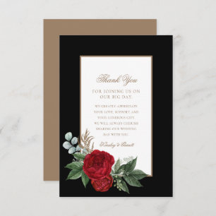 Elegant Gold Script Red Peonies Black & White Thank You Card