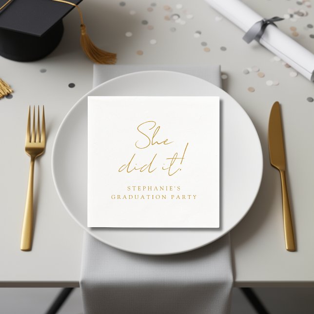 Elegant Gold Script She Did It Modern Graduation  Napkin (Creator Uploaded)