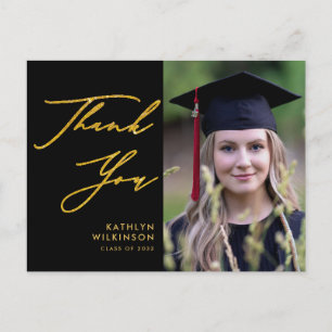 Elegant Gold Script Simple Black GRAD Thank You Postcard