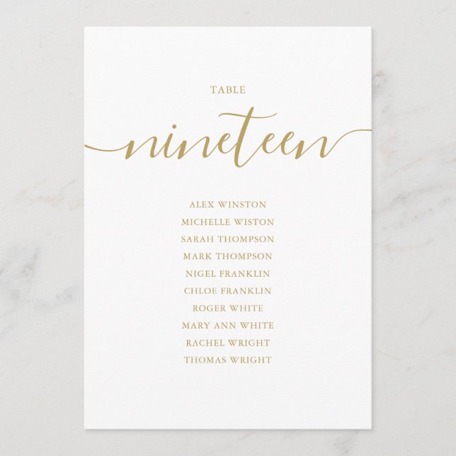 Elegant Gold Script Table Number 19 Seating Chart (Front)