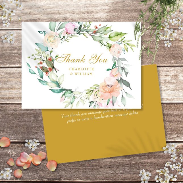 Elegant Gold Script Thank You Roses Floral Garland Card (Elegant Gold Script Thank You Roses Floral Garland)