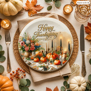 Elegant Gold Script Thanksgiving Harvest Paper Plate