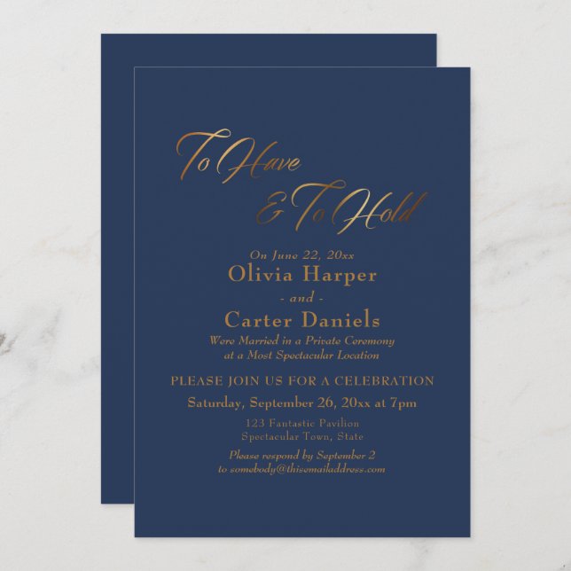 Elegant Gold Script To Have & To Hold over Navy Invitation (Front/Back)