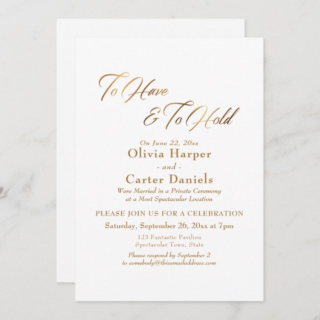 Elegant Gold Script To Have & To Hold Reception Invitation (Front/Back)