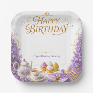 Elegant Gold Script Vintage Tea Party Birthday   Paper Plate