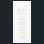 Elegant Gold Script Wedding Dinner Menu<br><div class="desc">This elegant gold script wedding dinner menu card is perfect for a simple wedding. The minimalist gold and white design features fancy romantic typography with modern glam style. Customisable in any colour. Keep the design minimal and classy, as is, or personalise it by adding your own graphics and artwork. This...</div>