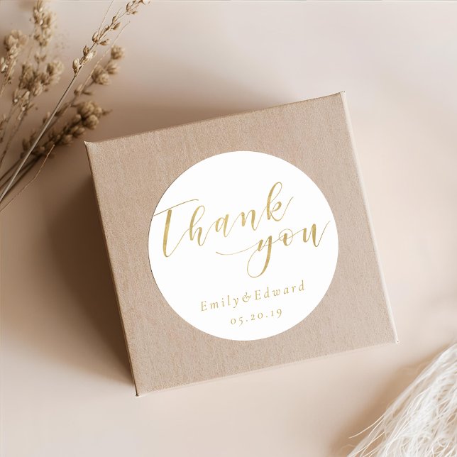 Elegant Gold Script Wedding Favour Thank You Classic Round Sticker (Creator Uploaded)